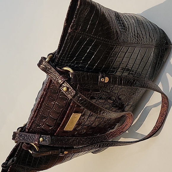 BRAHMIN Crocodile-Embossed Brown Leather Bag.  16"w x 10"h x 3.5 D - Picture 3 of 13